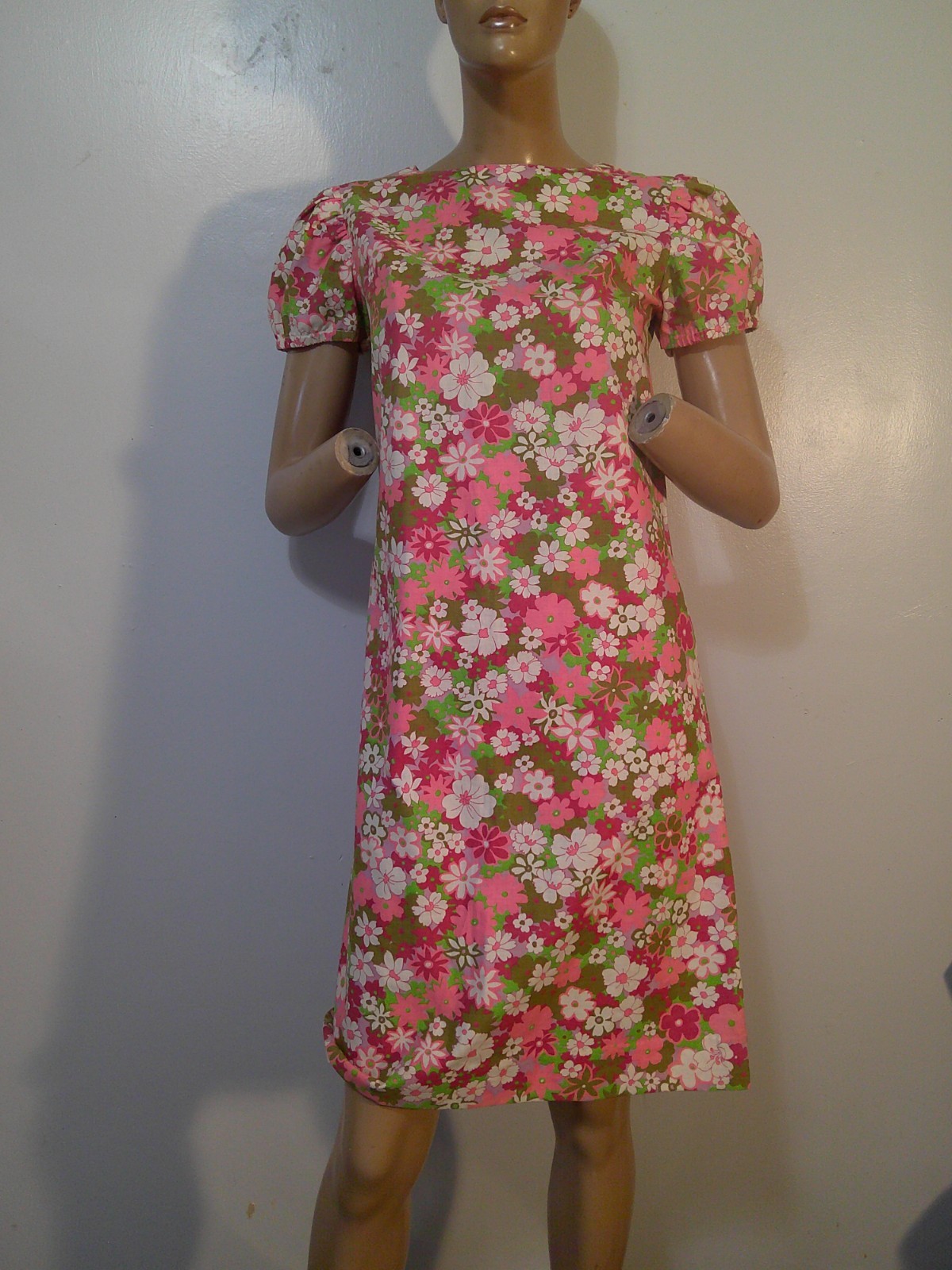 Vtg 60’s MOD GoGo Flower Power Cotton Puff Sleeve Twiggy Style Dress Homemade S