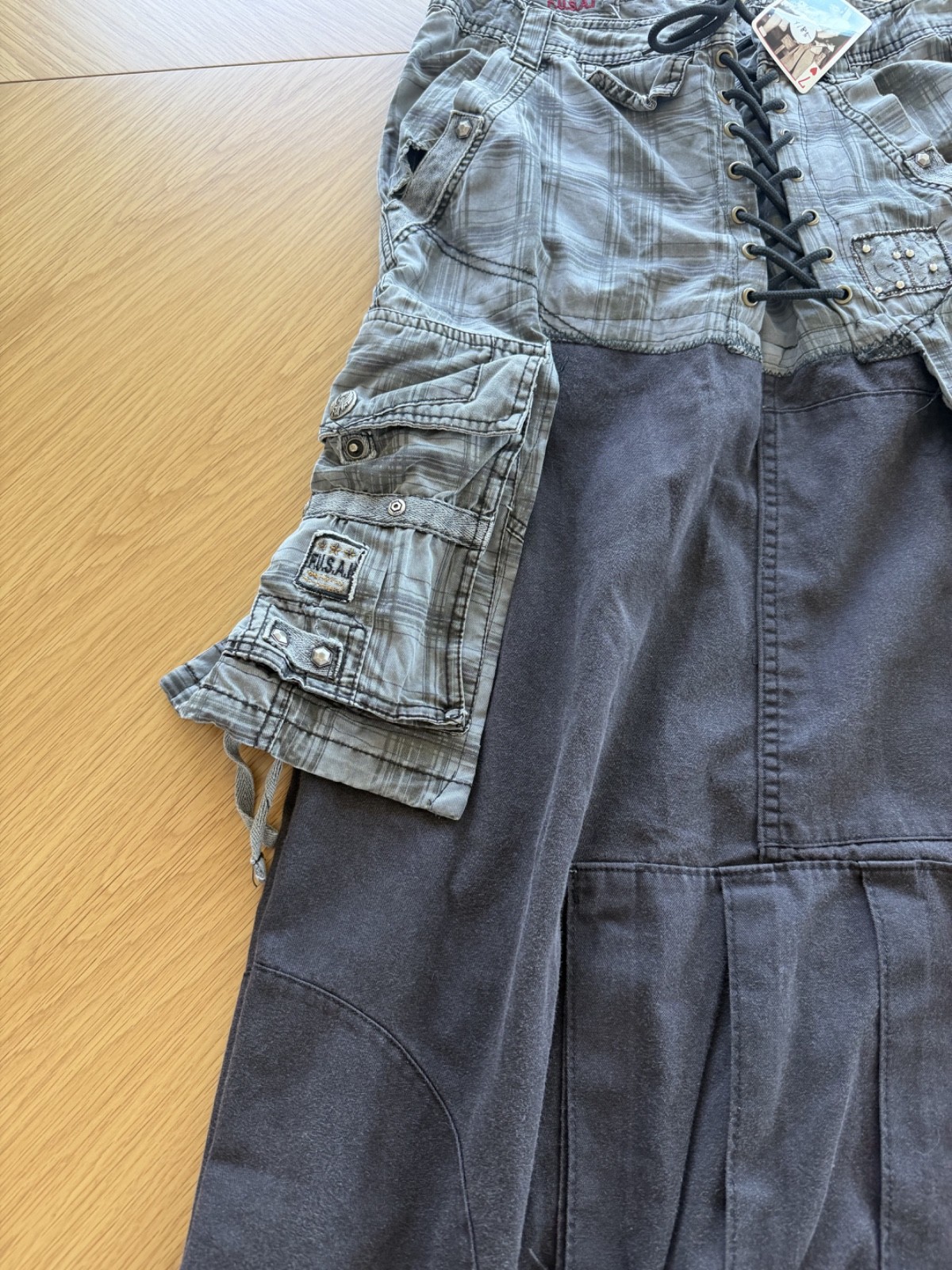 VTG F.U.S.A.I. Cyber Goth Punk Maxi Skirt Cargo Plaid Lace Up Y2K Grunge Utility