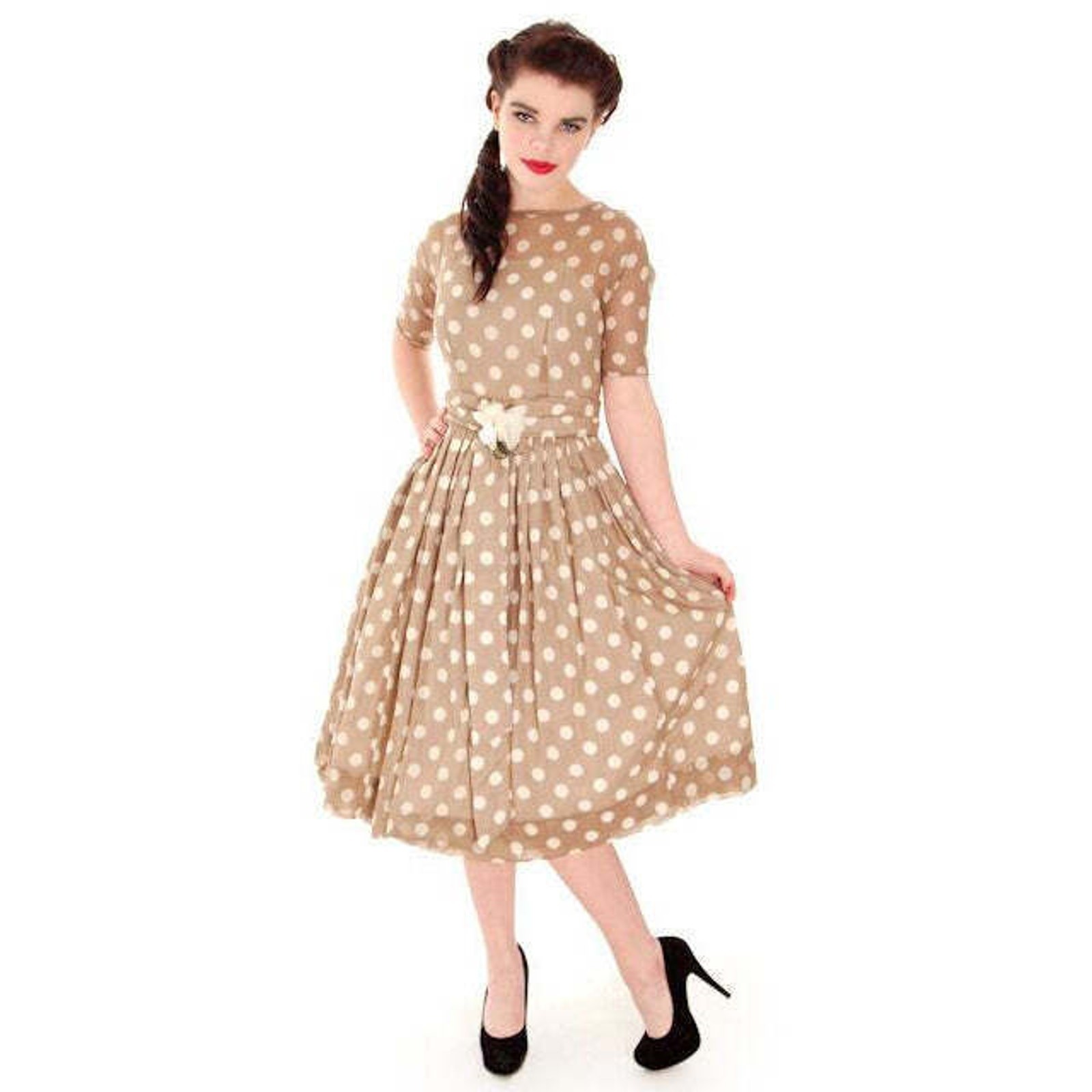 VTG 1950s Taupe Polka Dot Sheer Cotton Dress New Look