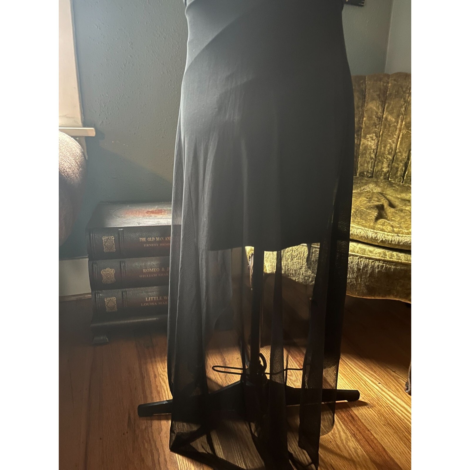 Vintage 90s Black Strappy Mini Dress with Asymmetrical Chiffon Overlay + Sequin