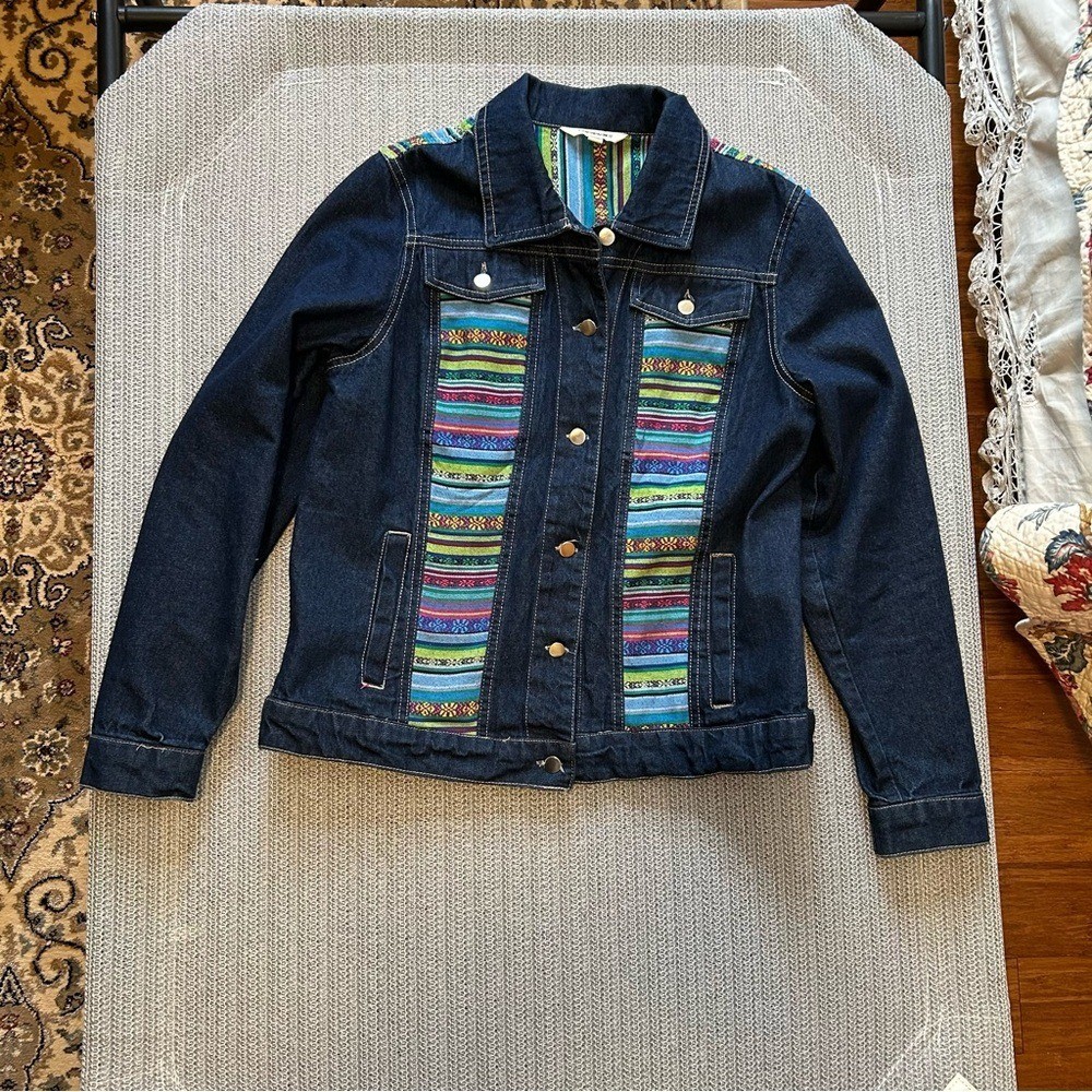 Tantrums Denim Jacket Small Boho Embroidered Aztec Tribal Print Trim Jean