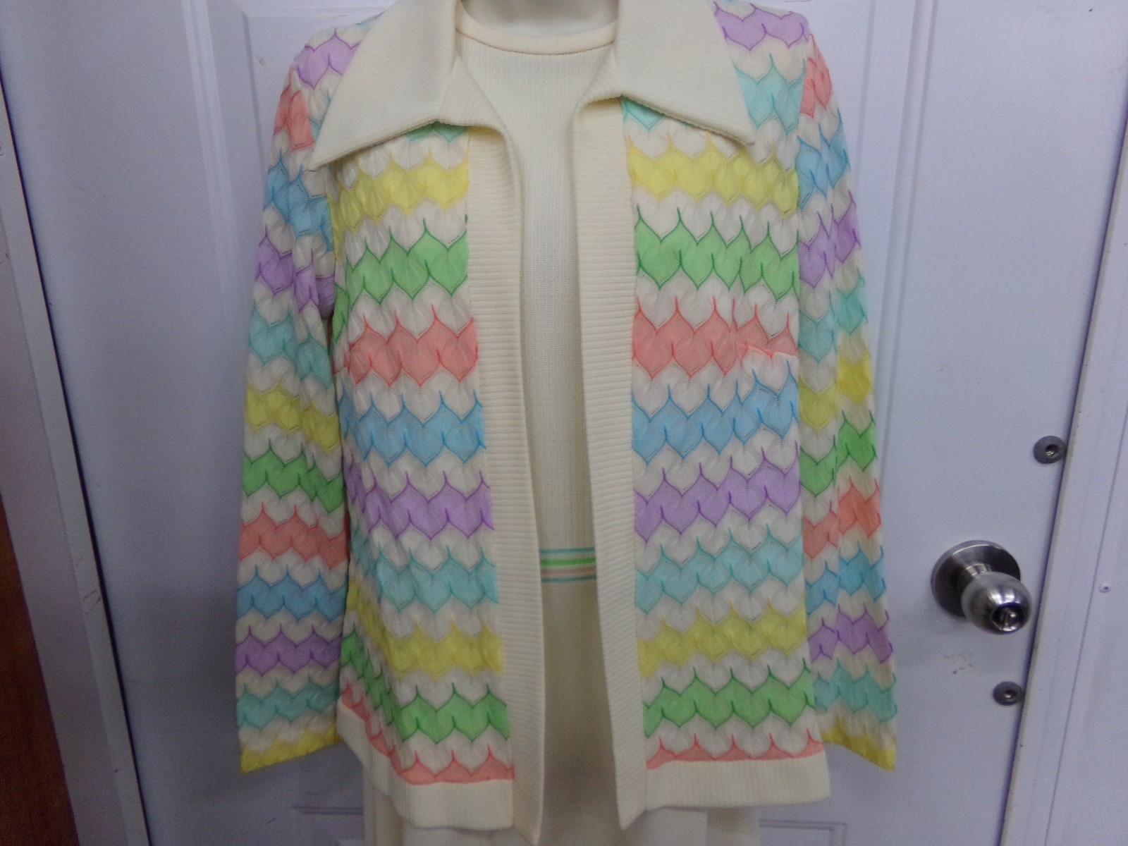 True Vtg Womens 2 Pc Altogether Fashions Ecru Dress & Pastel Jacket Set M or L?