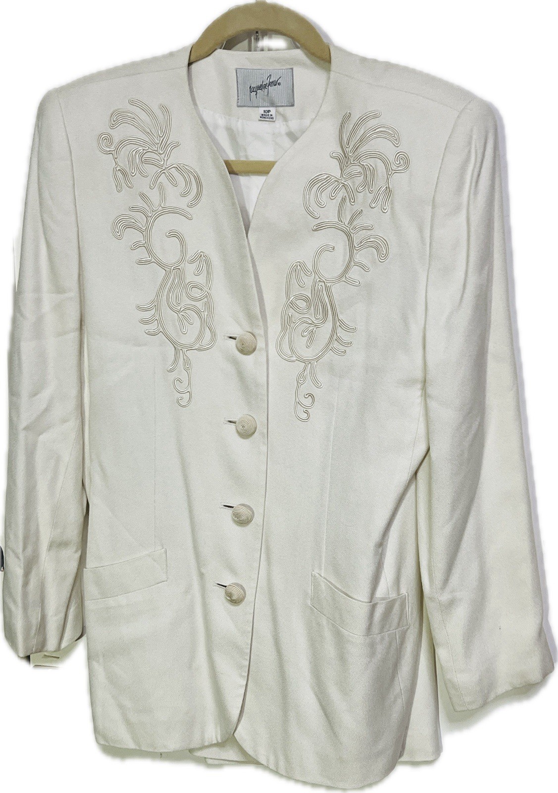 Jacqueline Ferrar Blazer Skirt Suit Set Size 10P Cream Embroidered Chic Vintage