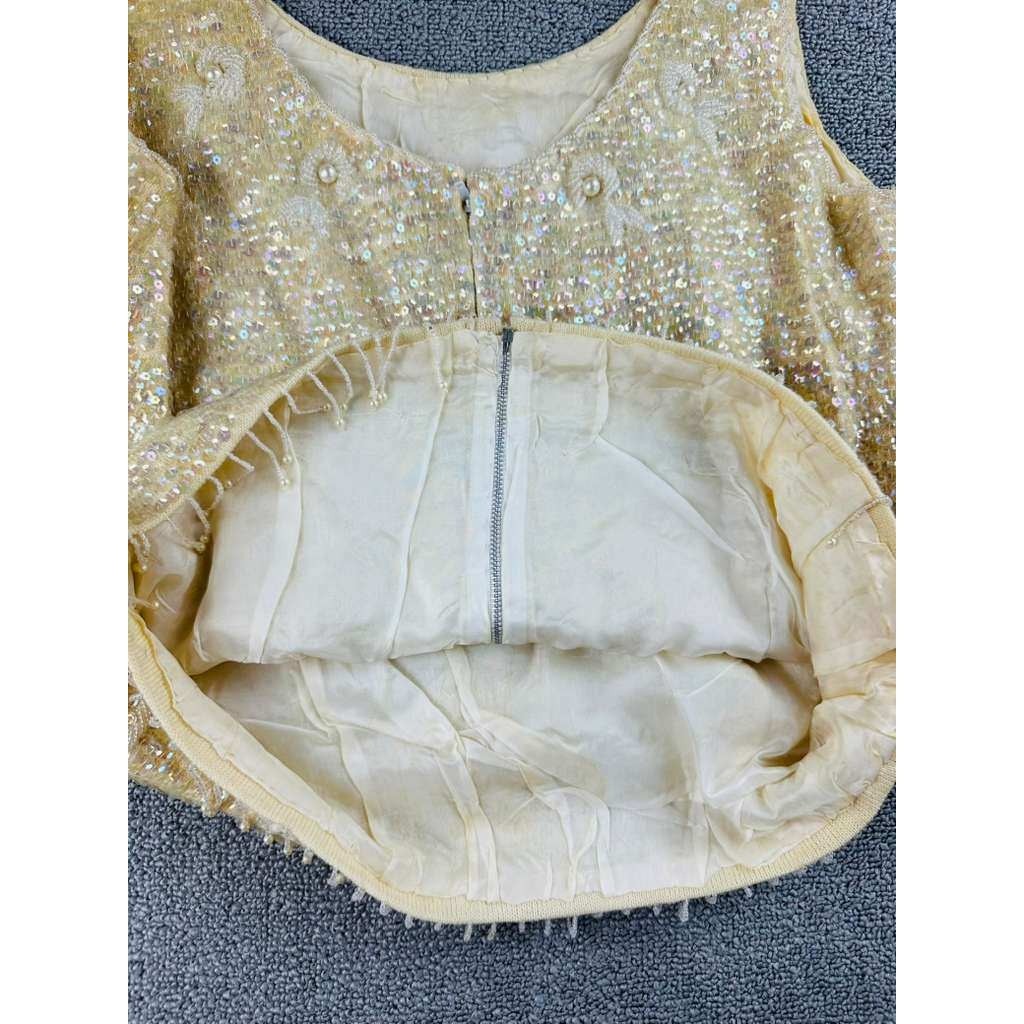 Vintage Hand Full Fashioned Top Women S Beige Beaded Floral Virgin Wool HongKong