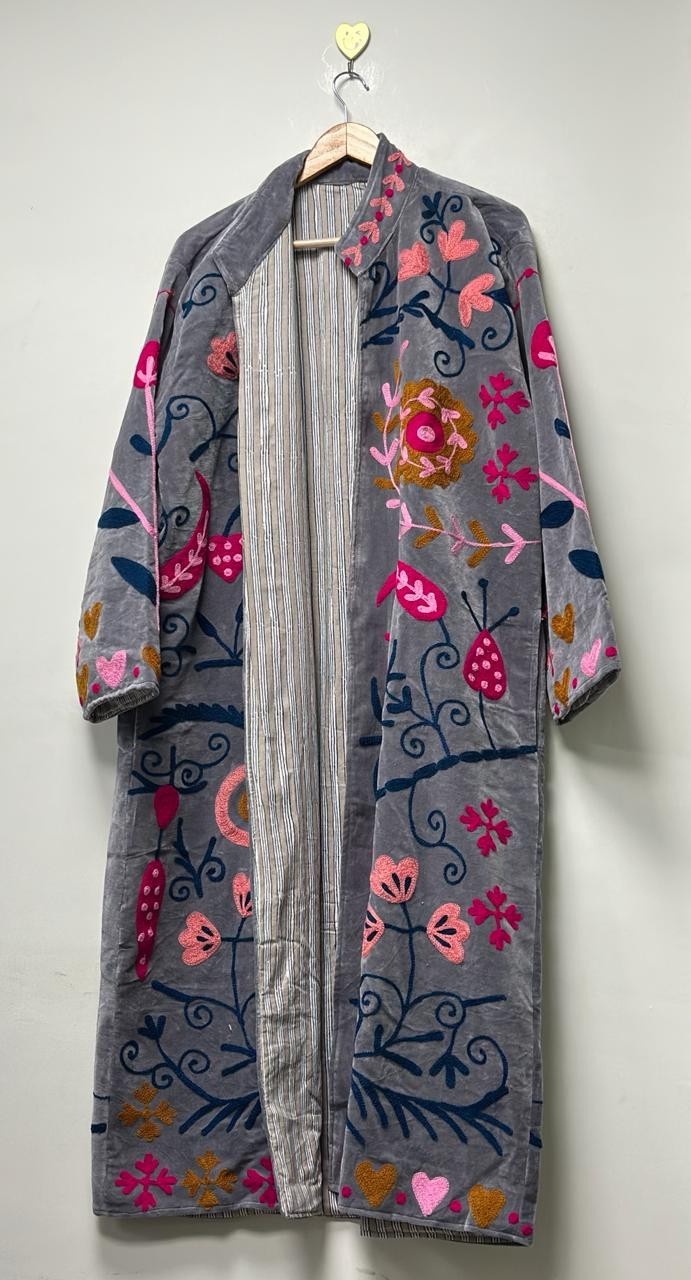 Woman’s Velvet Suzani Coat Embroidered Floral Boho Long Gown & Boho Jackets US
