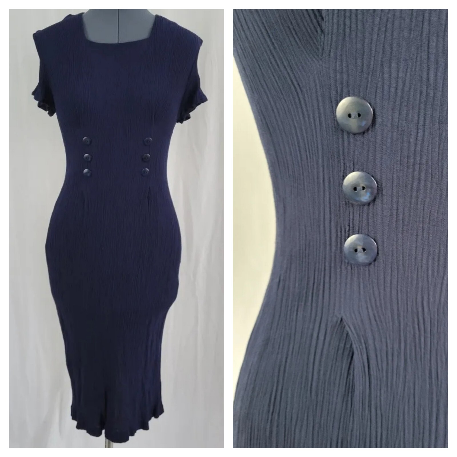 Vintage Coco Bianco Navy Blue Fitted Waist Dress with Button Detail Size 12