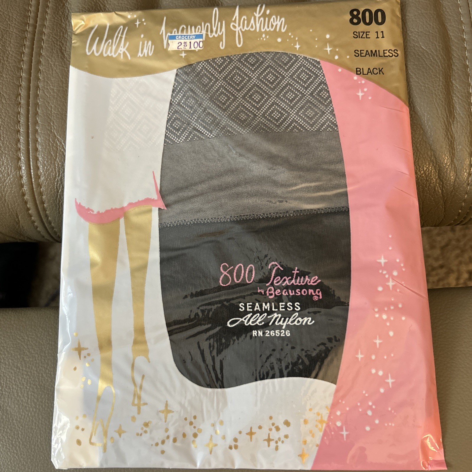 Vintage Beausong 800 Texture Seamless All Nylon Stockings Size 11 Black RN 26526