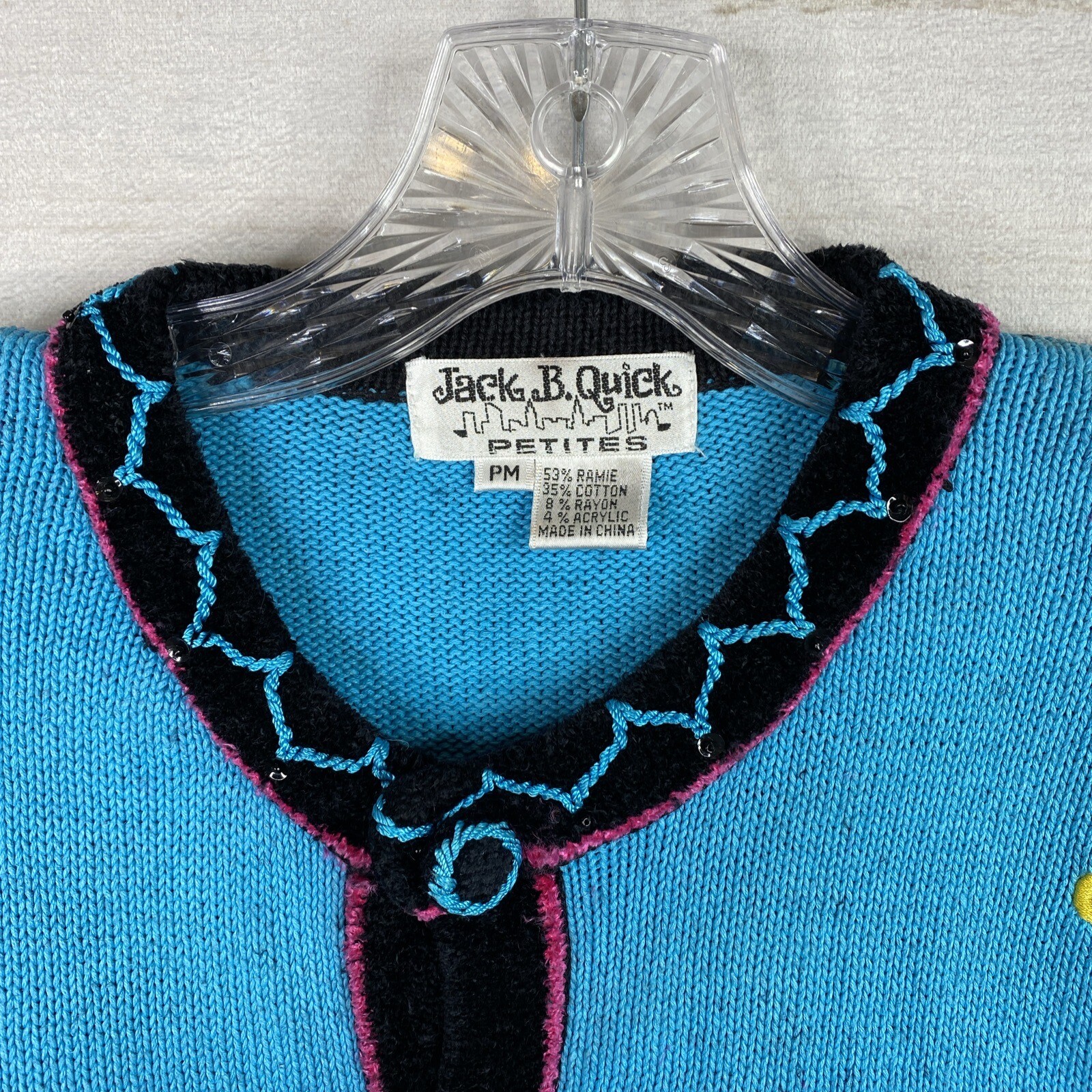 VTG 90s Jack B Quick Cardigan Sweater Womens Petite Medium PM Turquoise Sequins