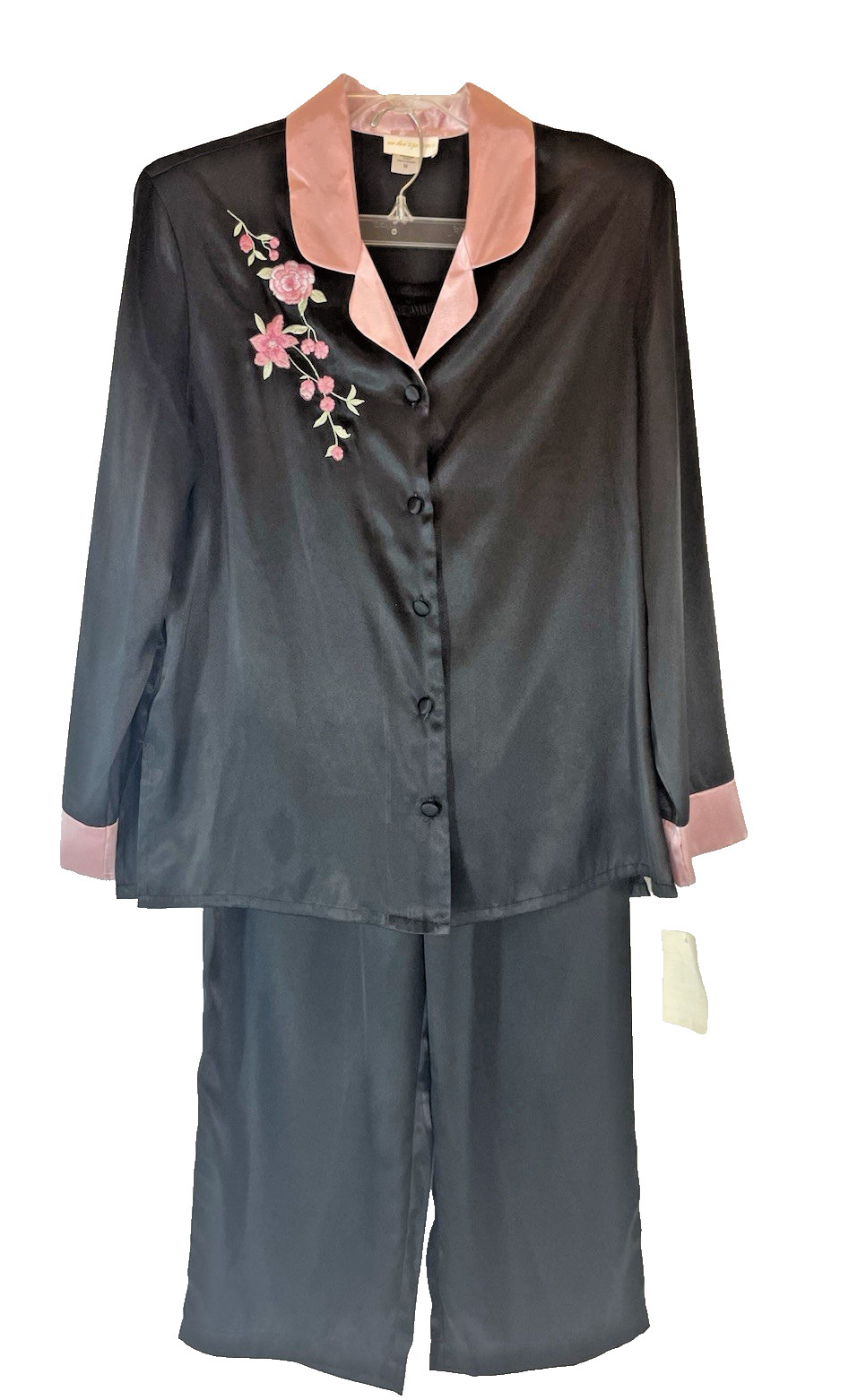 Vtg Whispers Ladies M Satin Pajama Set Black New NWT Embroidered Pink Flowers