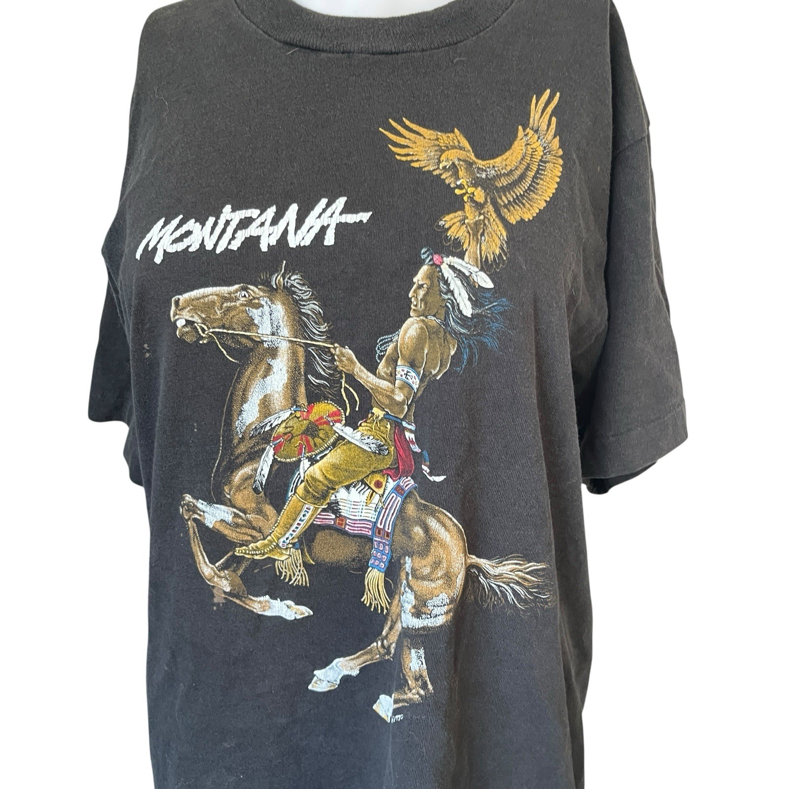 Vintage Black Montana Graphic T-shirt Native American Horse Size Large L