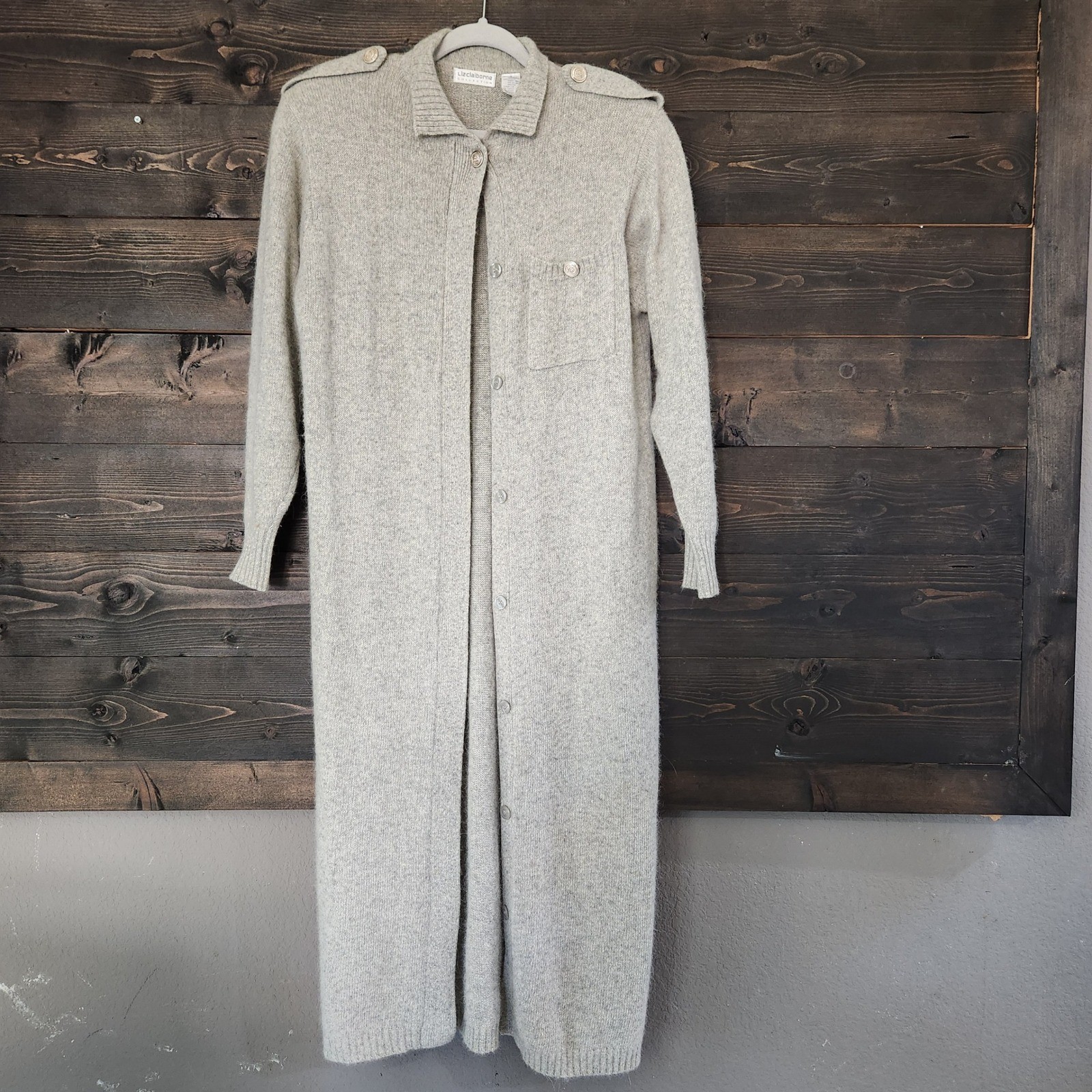 Vtg Liz Claiborne Lambswool Angora Long Cardigan Maxi Sweater Coat Gray Small