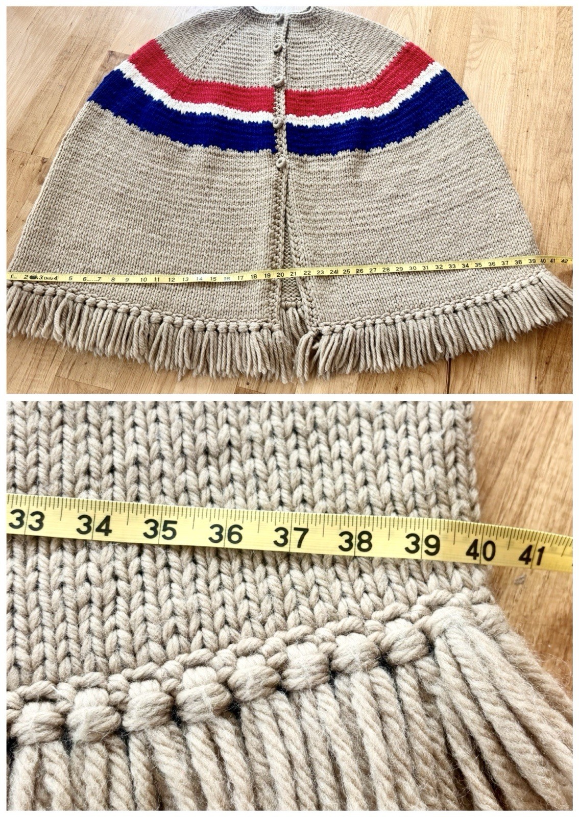 Vintage Handmade Chunky Knit Poncho Cape Blanket Sweater Boho Hippie Fringe