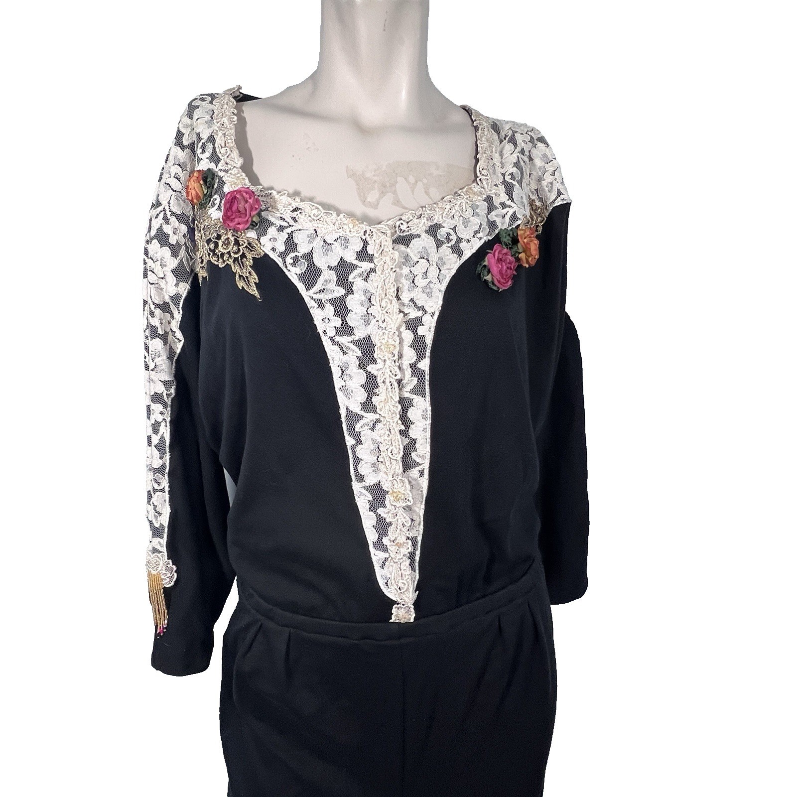 Lacy Afternoon Shell Kepler Jumpsuit Womens L Black Lace Floral Corsage Boho