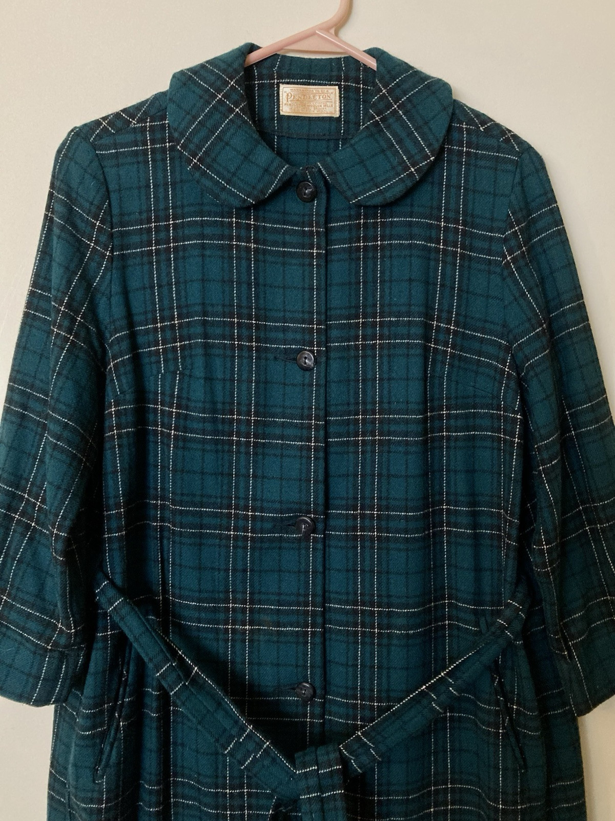Vintage Pendleton Virgin Wool Dress Coat Plaid Long Pockets USA 1950’s Women’s
