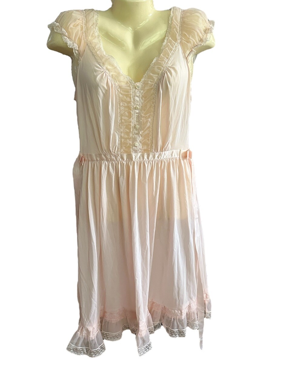 Vintage 50s Luxite Nightgown Soft Nylon Sheer Pink sz 36 Lace Ruffle Trim