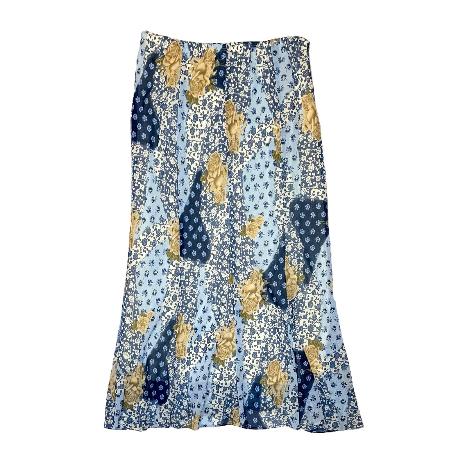 Y2K Blue And Cream Floral Patchwork Print Midi Skirt Size L