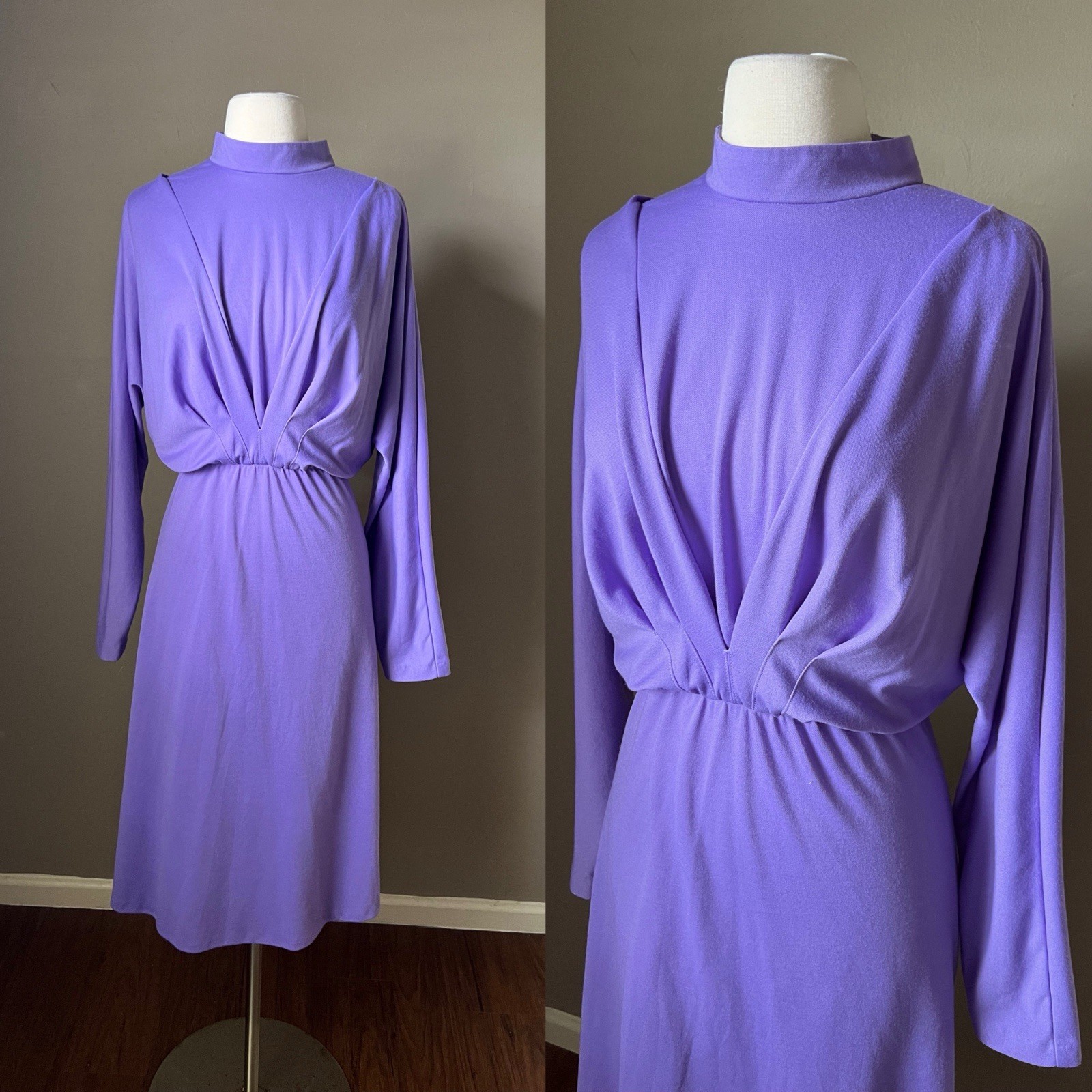 Vintage 70s Secretary Dress 12 Purple Mock Neck Long Sleeve Midi Dolman Pleated