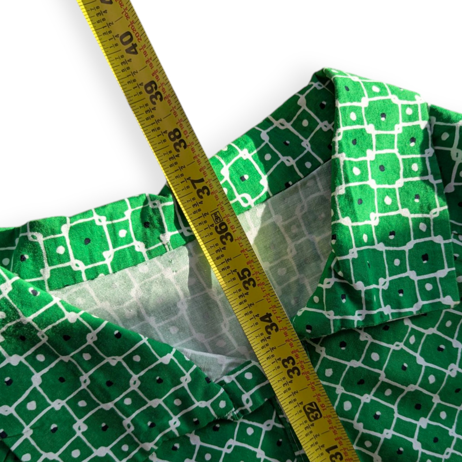 Green Cotton Poplin Button-down Shirt Dress 3/4 sleeve S/M Handmade