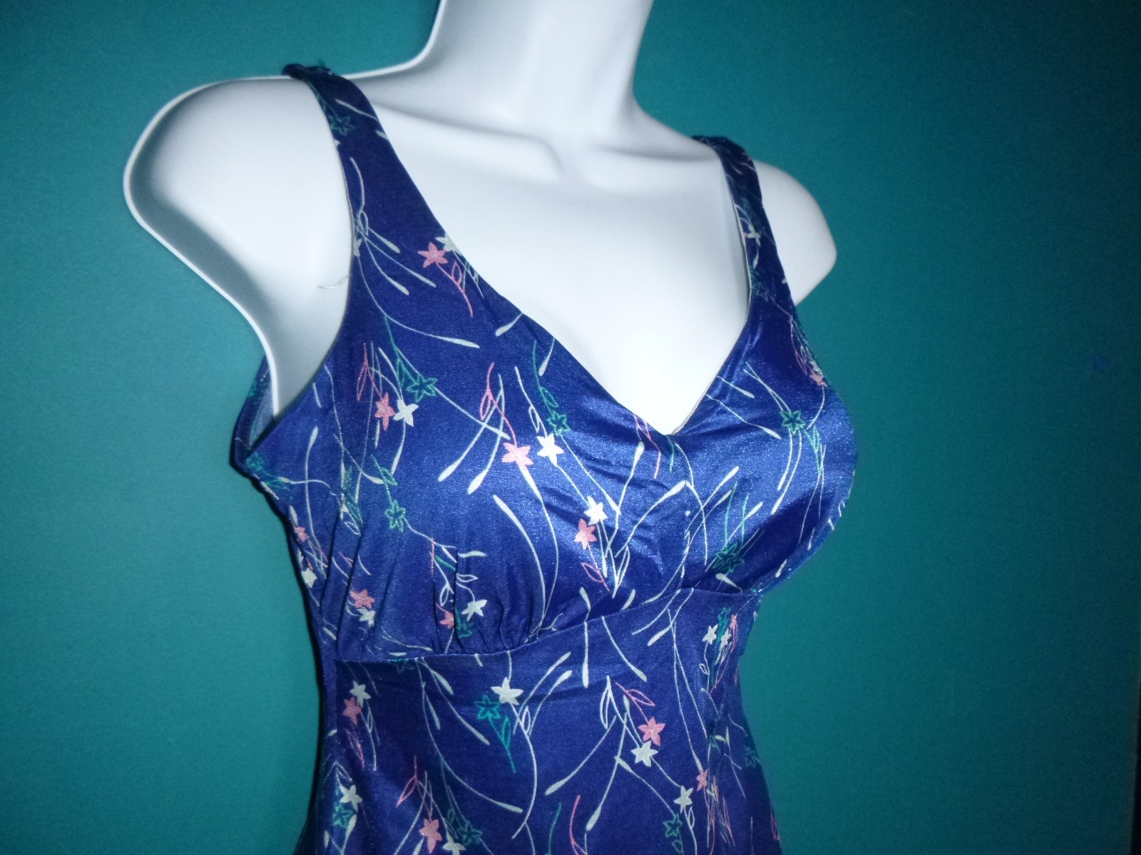 Vtg 70s Maxine of Hollywood Swimsuit One Piece BLue W/ Flowers Sz 18