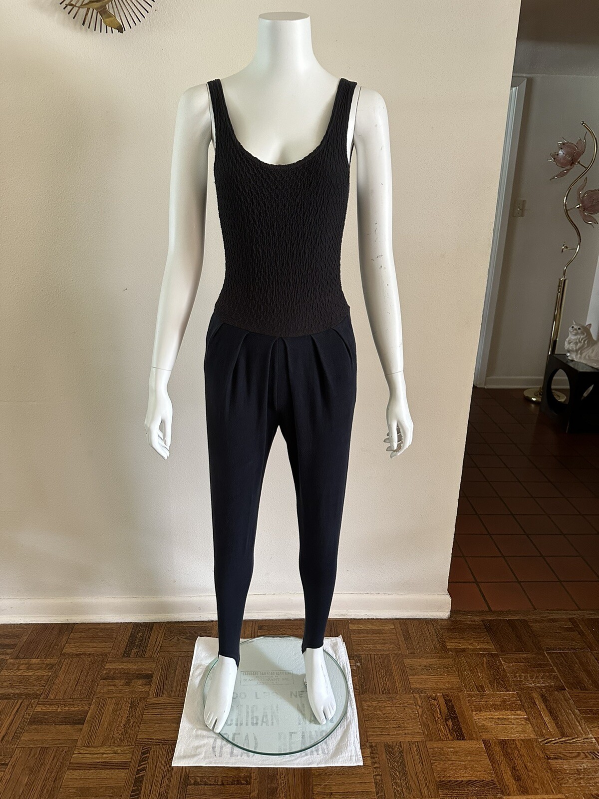 1990s Bettina Riedel NY Stirrup Pant Jumpsuit Romper Pleated Black Catsuit S VTG