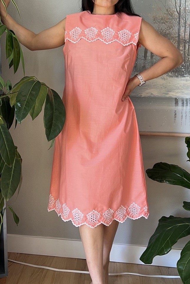 vintage 60s orange white embroidered sailor collar sheer mod midi dress medium