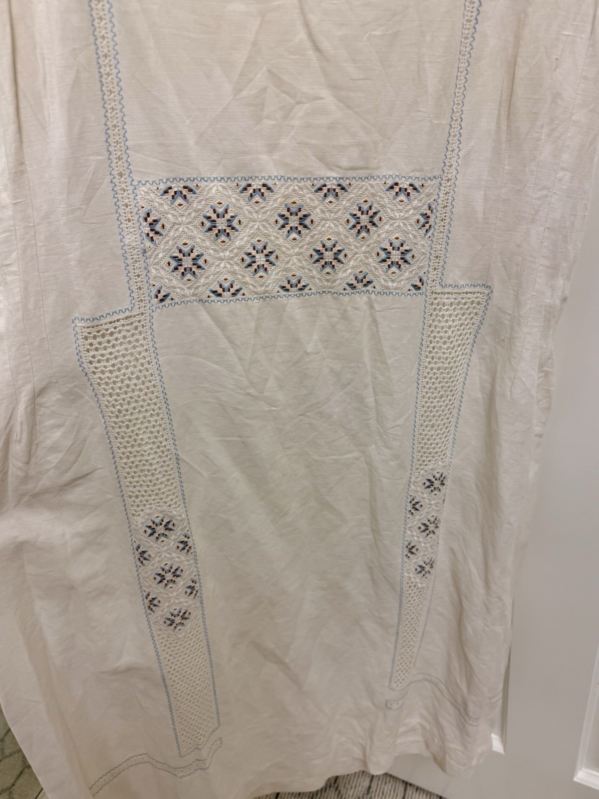 1920’s Antique Hand Embroidered Linen Chevron Lace Cottagecore Cream Lawn Dress