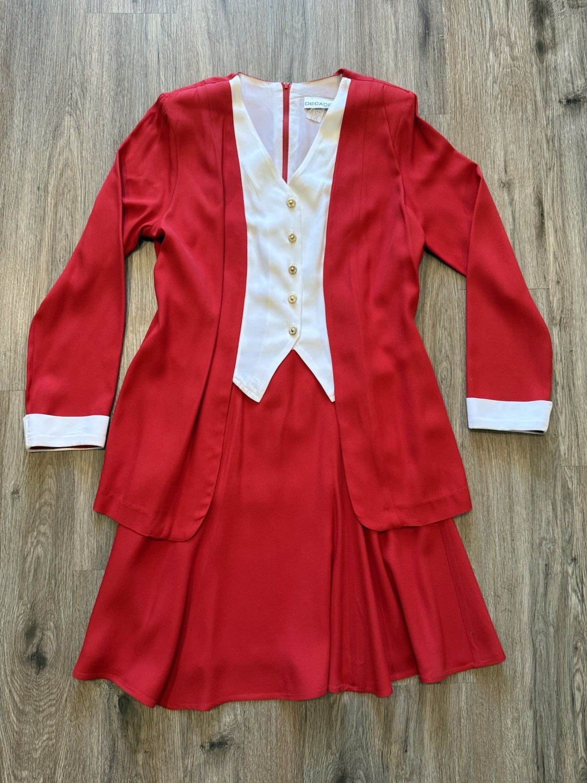 Vintage Decade Design Red Tuxedo Style Dress White Trim Mod Secretary 8