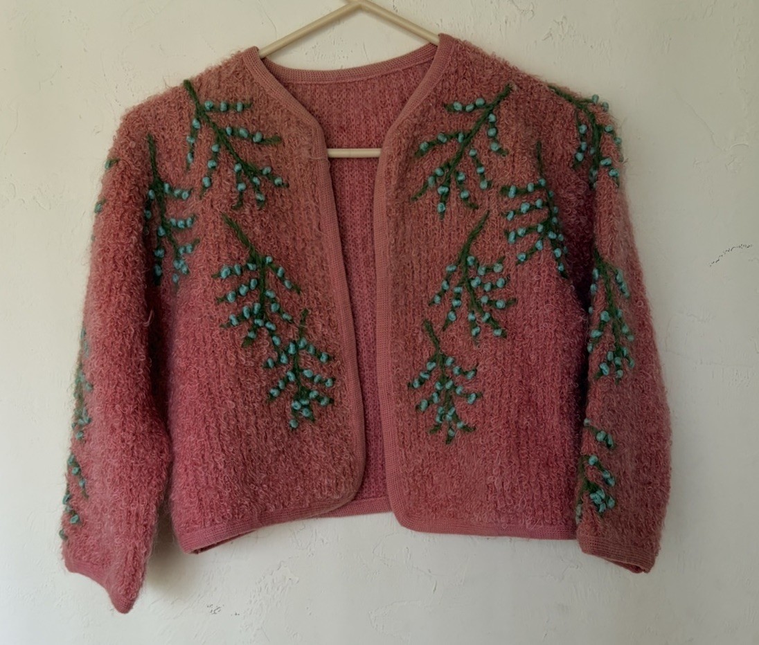 1950’s Pink Mohair Pin Up Style Cardigan With Embroidered Details