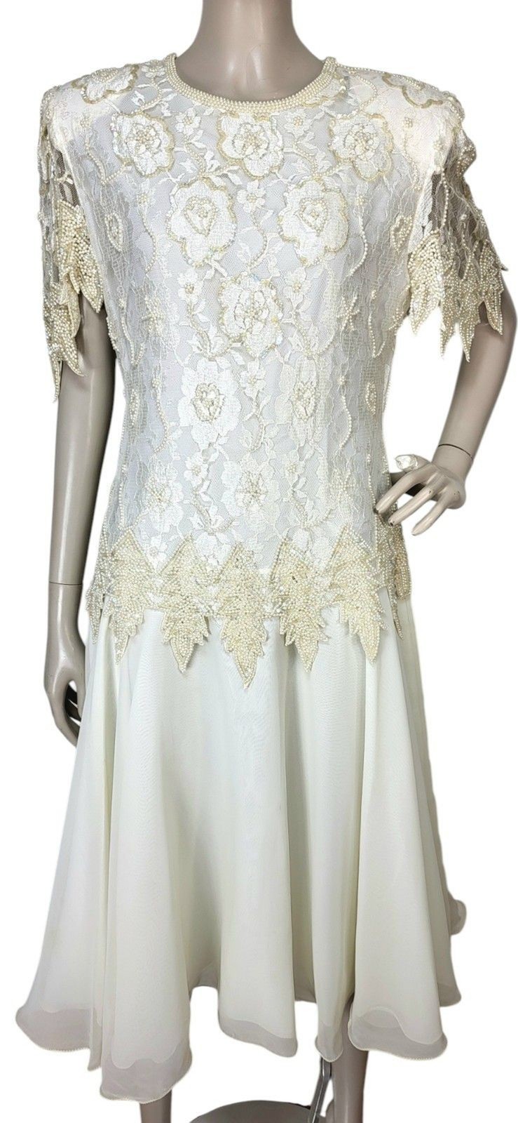 Vintage Laurance Kazar Creme Pearl Beaded Sequined Tiered Chiffon Formal Dress