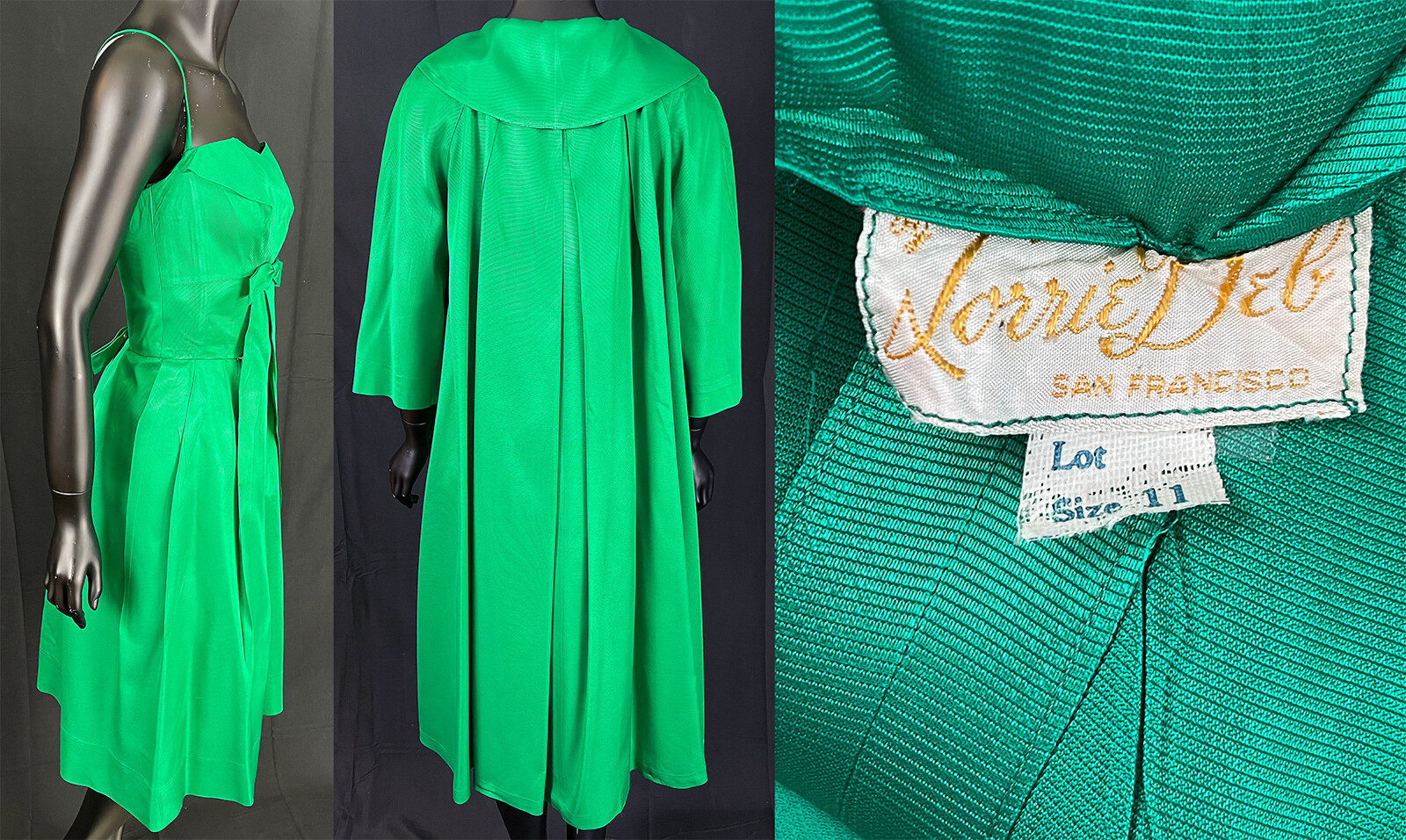 Vintage Lorrie Deb 1950s Emerald Green Silk Faille Cocktail Dress & Swing Coat