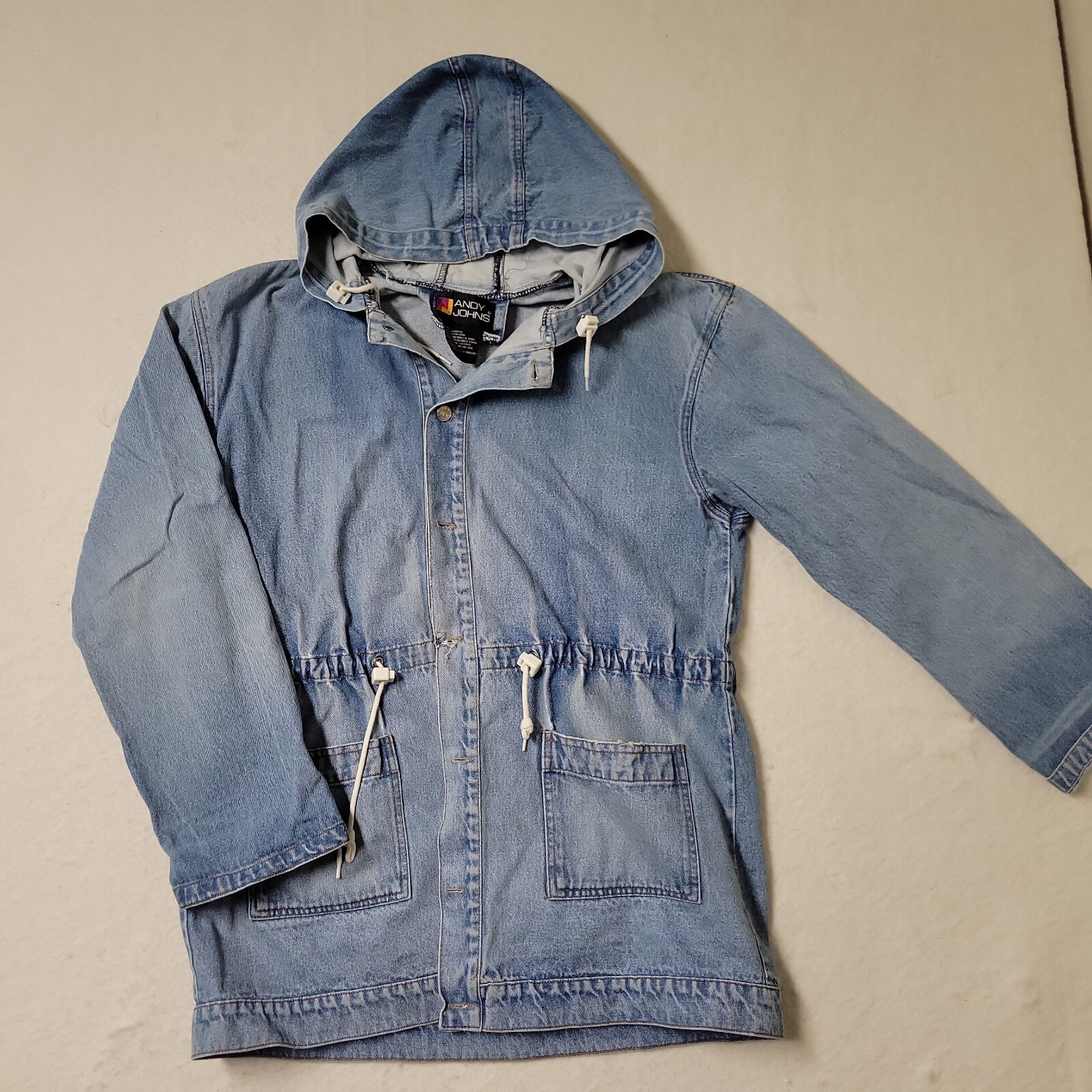 VTG ANDY JOHNS Denim Jacket Drawstring Hooded Grunge 90s 80s Light Wash READ