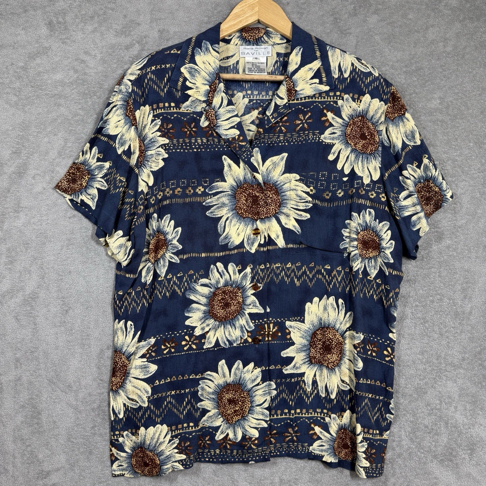 Rena Rowan for Saville Sunflower Blue Hawaiian Button Down Blouse Skirt Size 16