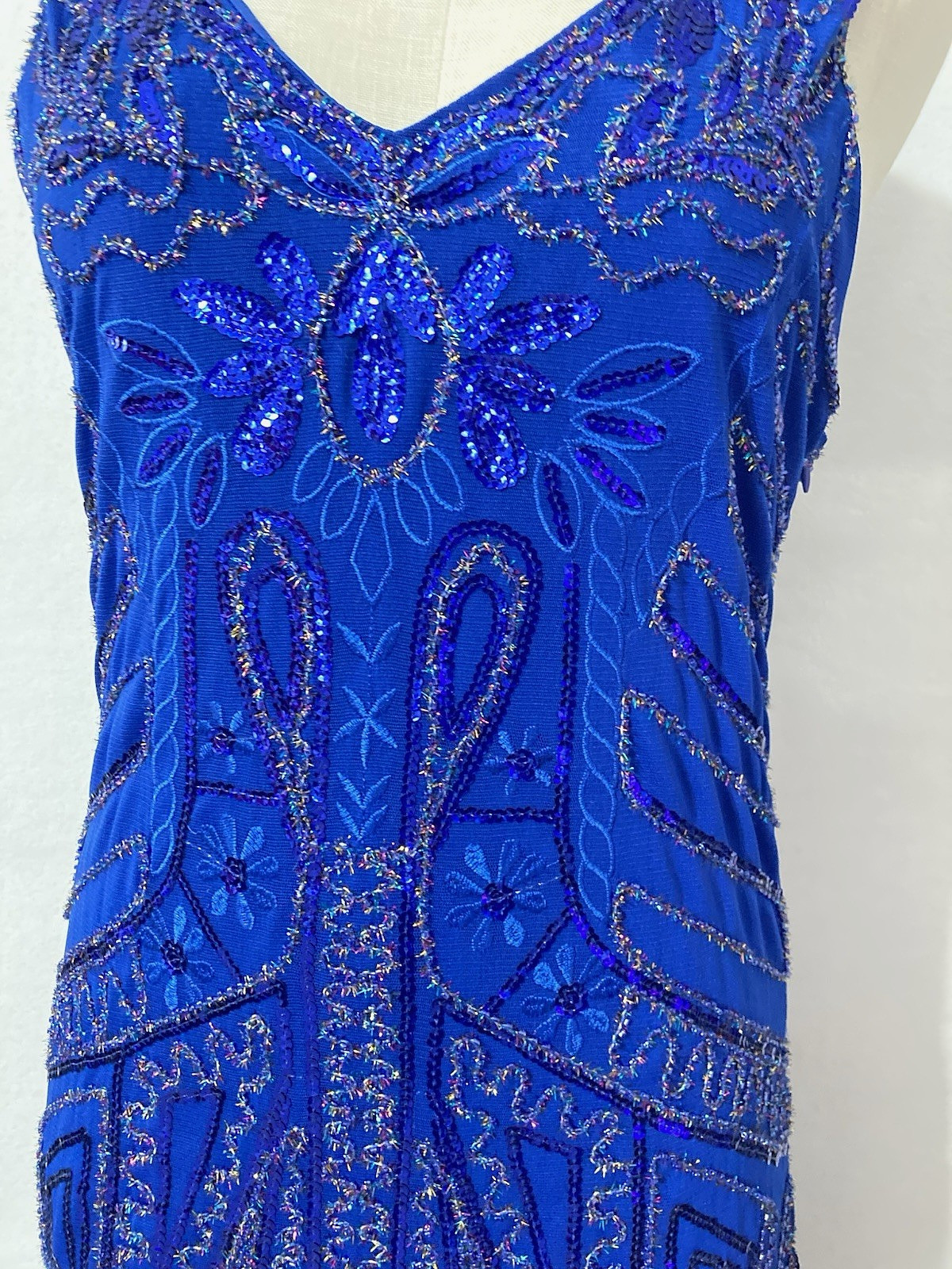 Flapper Dress 1920s Style Fringe Sequin Beaded Great Gatsby Party M Blue