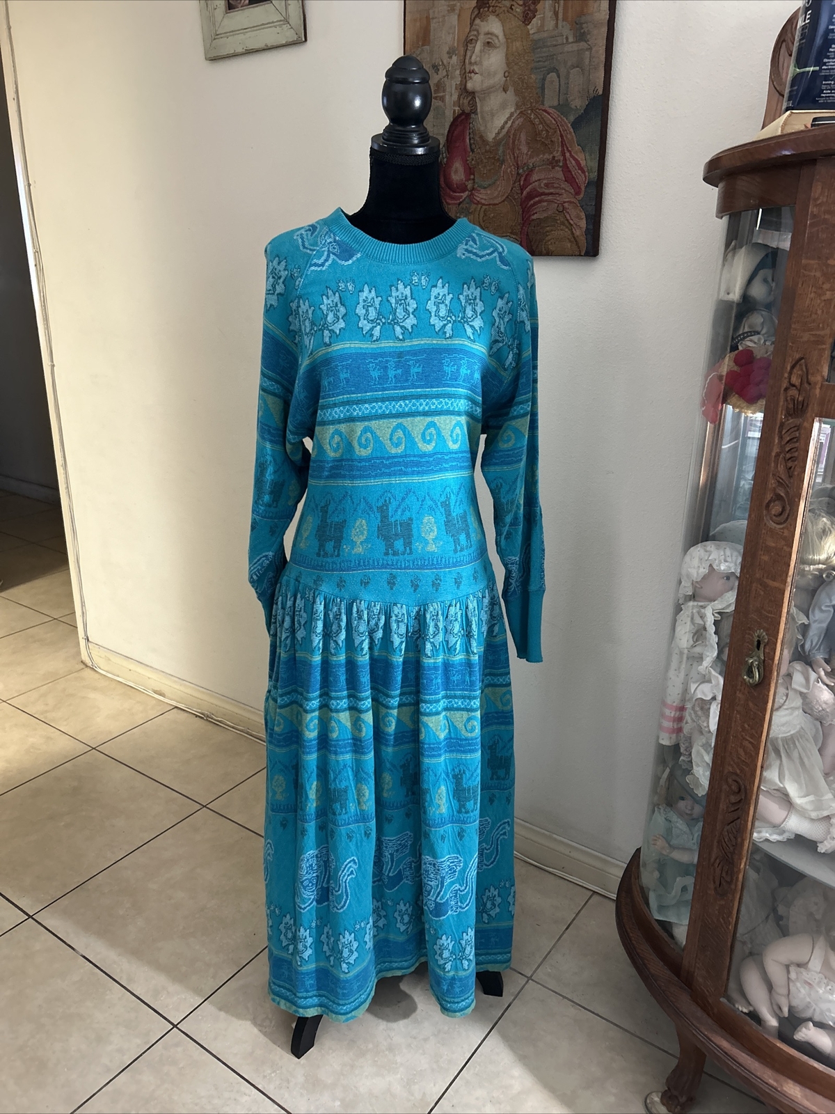 Christian De Castelnau~VNTG~ Cotton Aqua & Blues~ Ethnic Print~ Maxi Dress Sz M