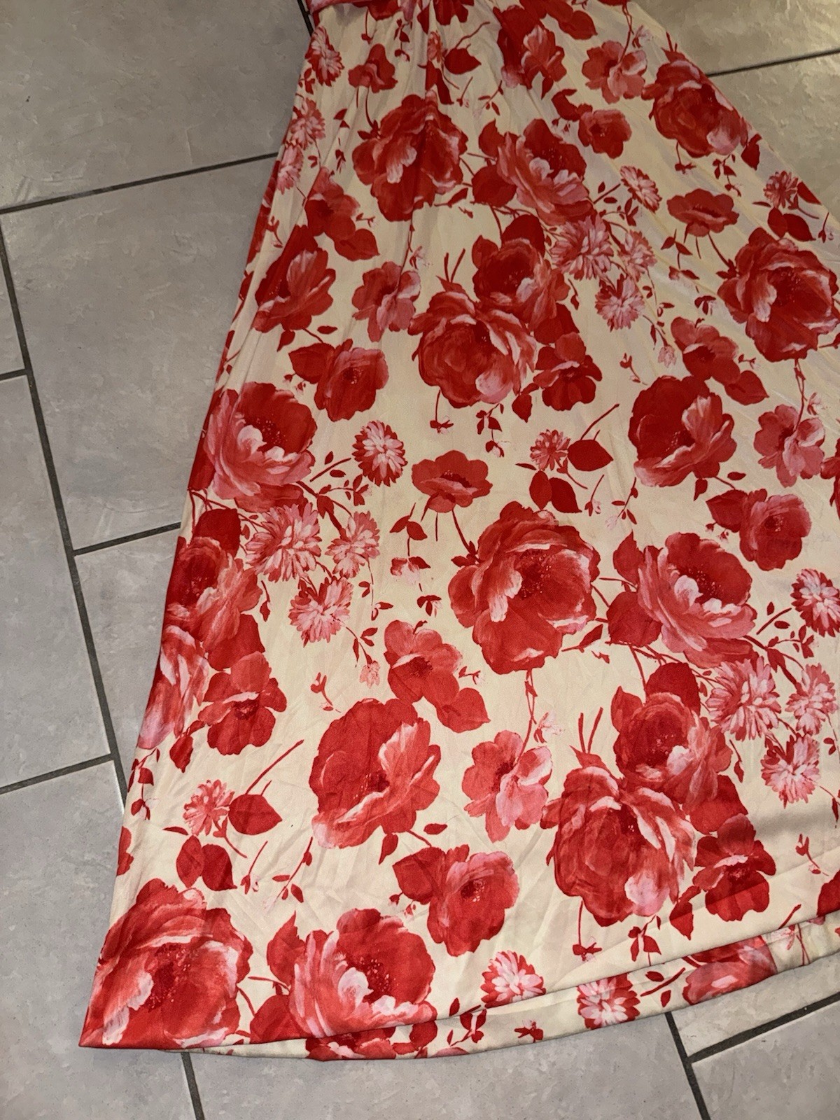 Vintage 70s Red Floral Maxi Dress XS Cowl Neck Long Sleeve Mod Boho Glam Swing