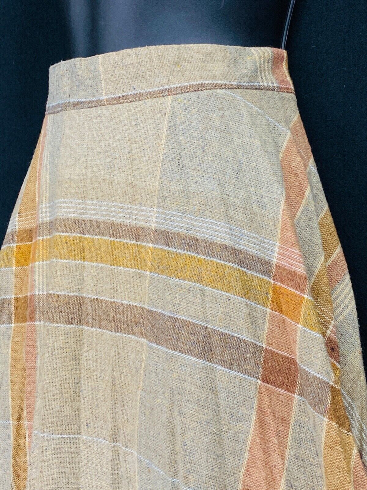 Vintage 1970s tan wool plaid skirt, below knee high waist gold A line boho S
