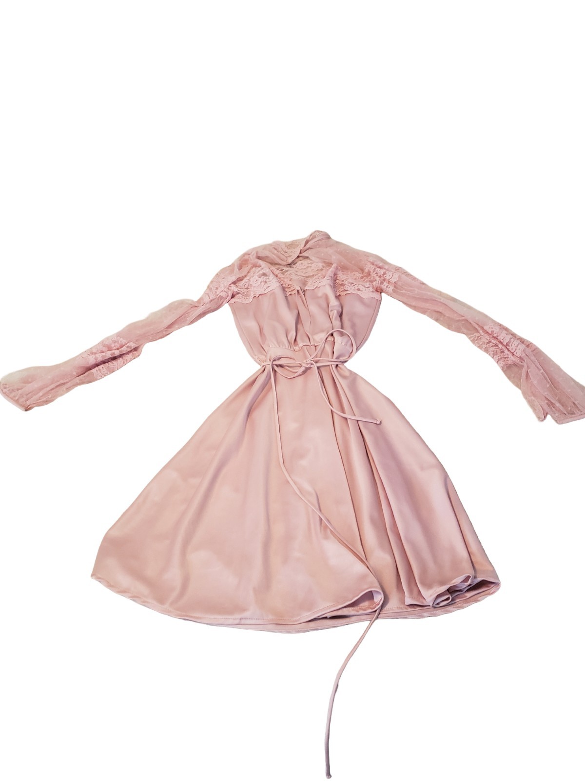 Victorian Style Collar 1970s Pink Satin And Lace Vintage Dress