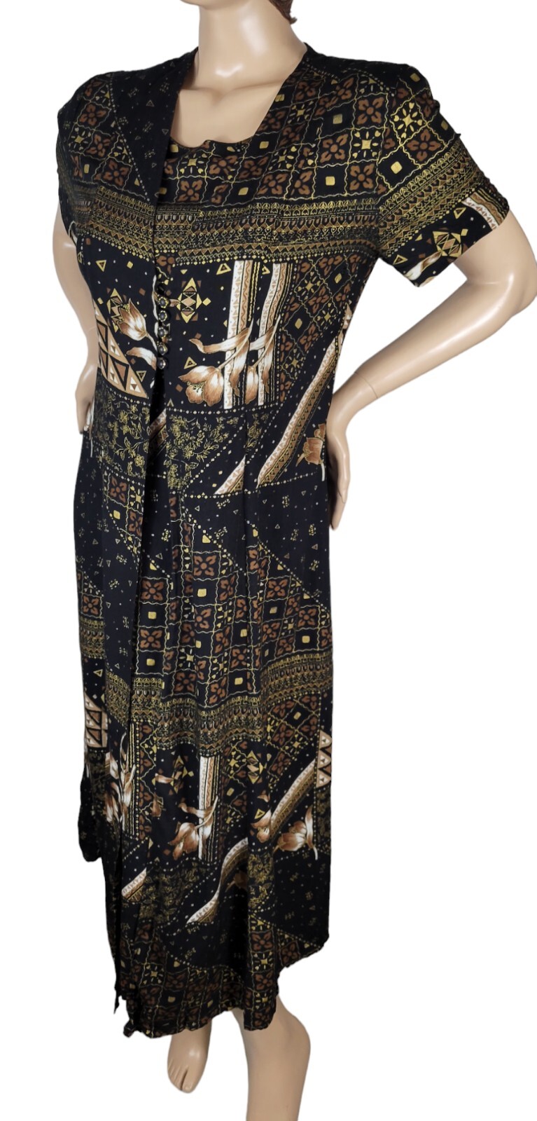 Vintage 90s Betsy Lauren Black Floral Tribal Cottagecore Grunge Maxi Dress 14