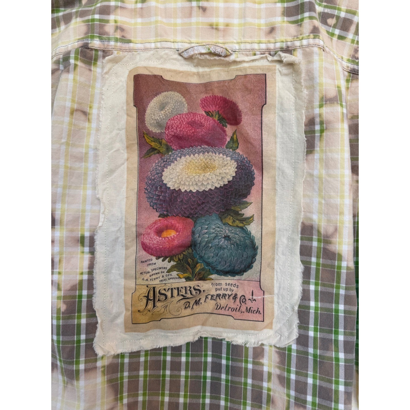 Upcycled Botanical Flannel Shirt Vintage Aster Flower Folk Art Cottagecore Large