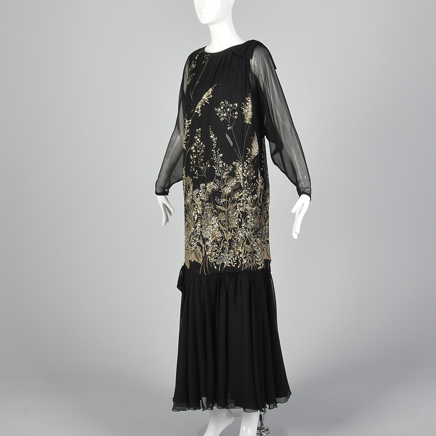 Small 1980s Black Drop Waist Printed Dress Gold Glitter VTG Long Maxi Party