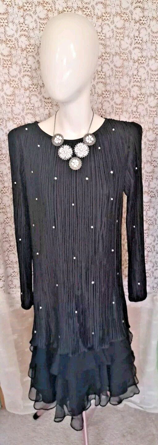 After Dark Women’s Black Cocktail Dress Size 9/10 Crepe Drop Waist Ruffle USA