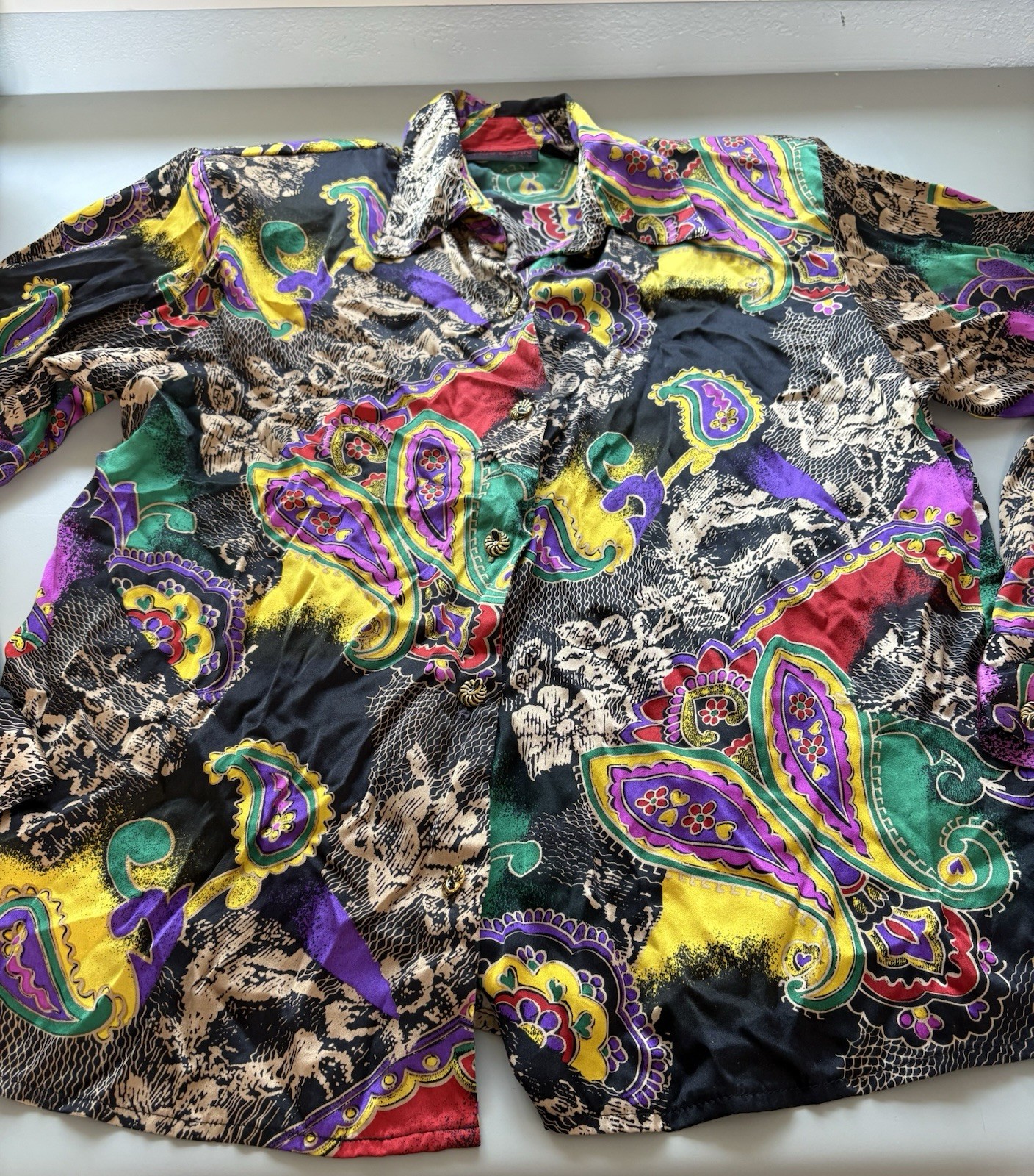 Vintage Jerri Sherman Collection Floral Paisley Multicolor Silk Shirt Blouse Top