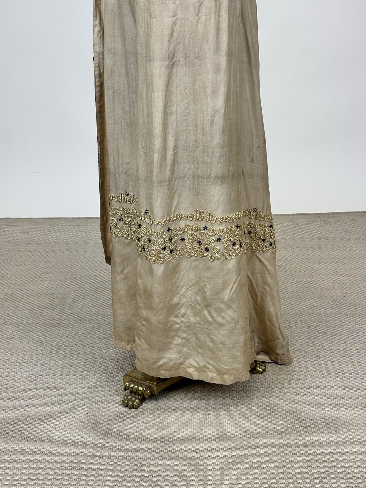 Antique Edwardian 1910s Beige Silk Day Dress Cording Blue Beads Wrap Bodice