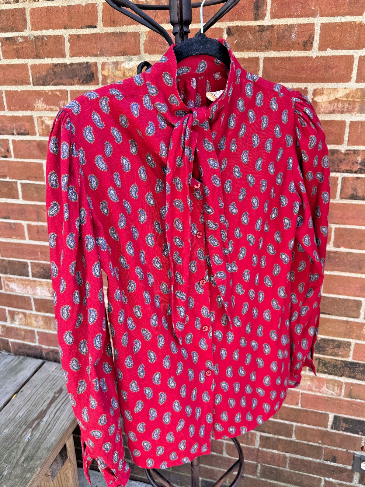 RARE Vintage EDWARD Ireland Red Paisley Pussy Bow Blouse Modal Cotton Sz 8 Small