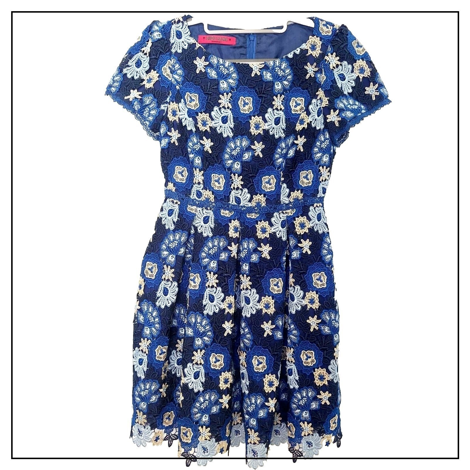 Dolly Girl by Anna Sui Dress 2 Blue Retro Floral Embroidery Guipure Short Sleeve