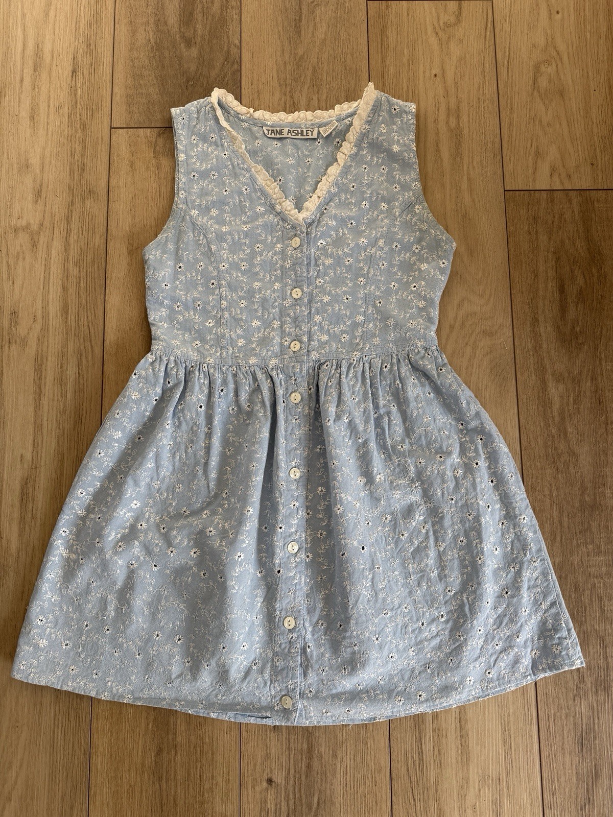 Vintage Jane Ashley Blue Floral Eyelet Cotton Button Front Dress M