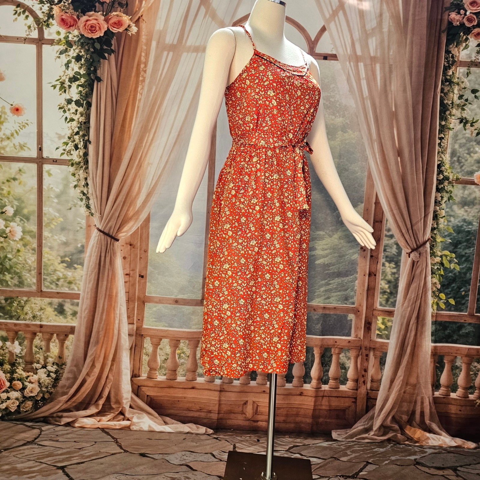 Vintage 1970s Dress Sundress Spaghetti Straps Tie Belt Red Cream Floral Boho