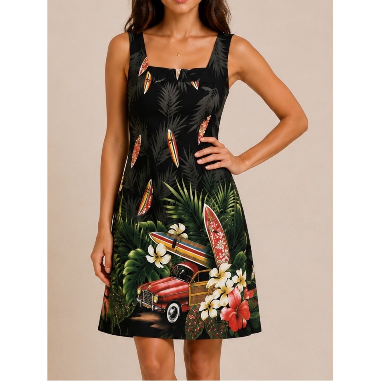 Sharon Marie Vintage Hawaii Surfboard Tropical A-Line Dress Black Womens M USA