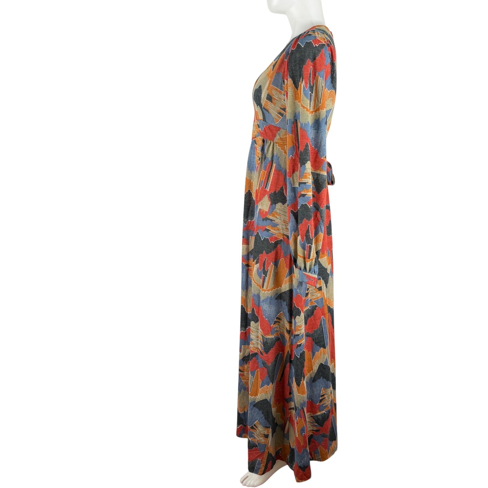 Vintage 70s Lansford Maxi Dress Abstract Geometric Deep V-Neck Empire Waist Boho