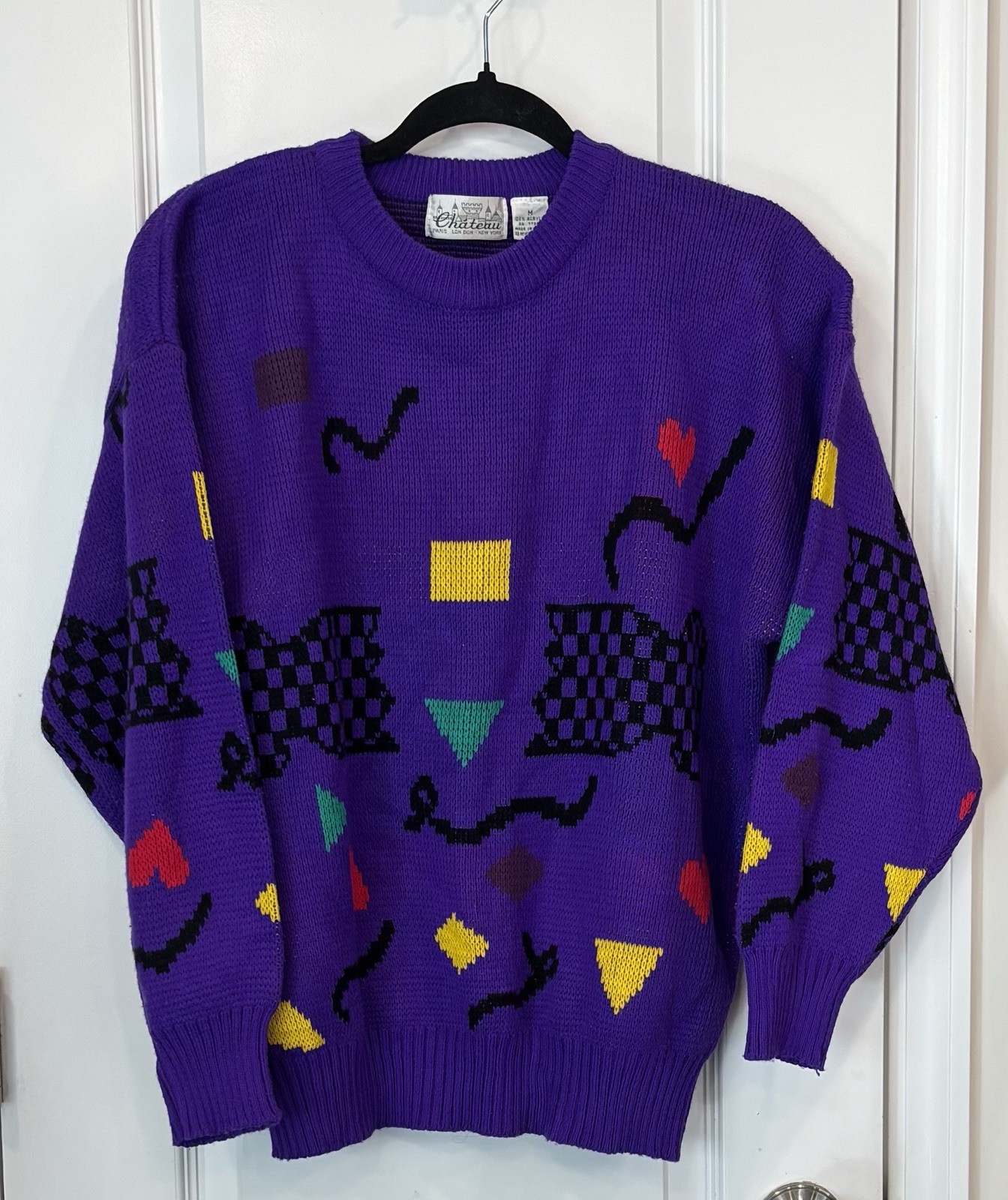 Vintage 80s Chateau Sweater M Purple Abstract Geometric Novelty Knit Colorblock